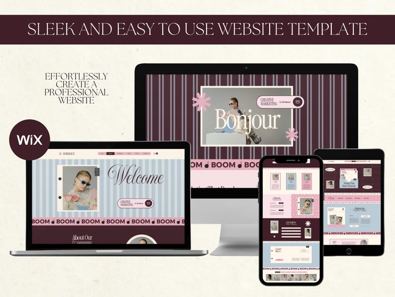 May include: A Wix website template displayed on a desktop monitor, a laptop, and two mobile devices. The design features a color palette of deep burgundy, light blue, and pink, with striped patterns, floral accents, and the text Bonjour and Welcome.