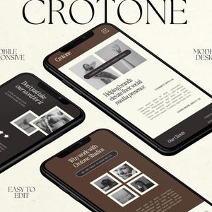 May include: Three mockups of a mobile phone screen displaying a website for a social media marketing agency called Crotone Studios. The website features a black and brown color scheme with images of people and text that says "Helping brands elevate their social media presence".