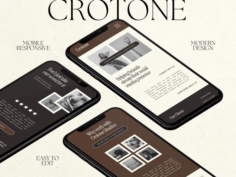 May include: Three mockups of a mobile phone screen displaying a website for a social media marketing agency called Crotone Studios. The website features a black and brown color scheme with images of people and text that says "Helping brands elevate their social media presence".