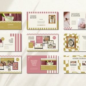 Pu&ograve; includere: Un collage di immagini che promuovono un corso online. Le immagini presentano uno schema di colori rosa e oro con un motivo a scacchi. Il testo include "Corso online", "Recensione del corso", "Domande e risposte", "Cosa &egrave; incluso nel corso", "Include chiamate di gruppo settimanali" e "Altri corsi".
