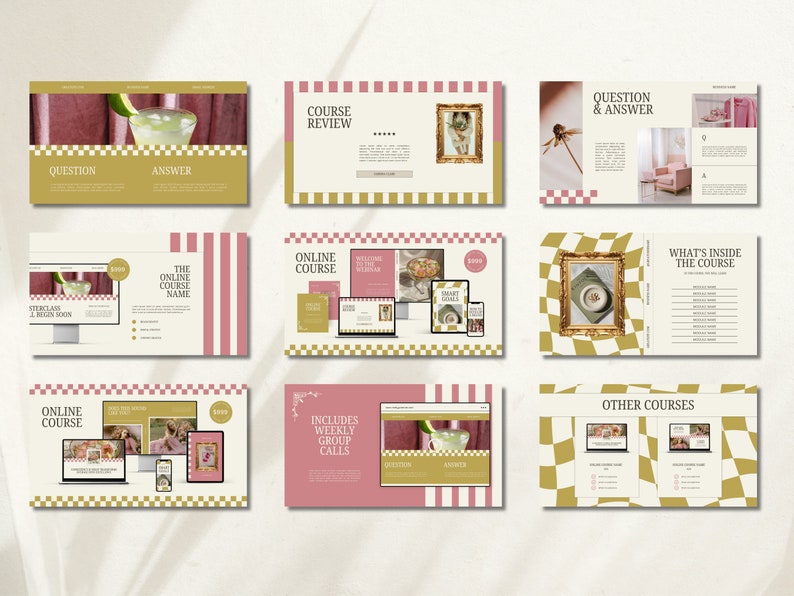 Pu&ograve; includere: Un collage di immagini che promuovono un corso online. Le immagini presentano uno schema di colori rosa e oro con un motivo a scacchi. Il testo include "Corso online", "Recensione del corso", "Domande e risposte", "Cosa &egrave; incluso nel corso", "Include chiamate di gruppo settimanali" e "Altri corsi".