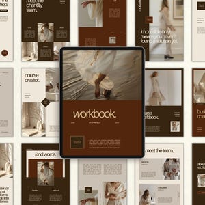 Könnte beinhalten: Ein digitales Arbeitsbuch mit braunem Einband und dem Wort "workbook" in weißer Schrift. Das Arbeitsbuch ist auf einer Seite geöffnet, auf der der Text "Impossible only means you haven't found a solution yet." steht. Das Arbeitsbuch ist von anderen Seiten mit verschiedenen Titeln umgeben, darunter "course handbook", "course creator", "business coach", "meet the team" und "about the workshop".