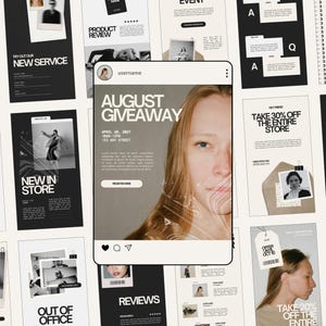 Op de afbeelding: Een verzameling promotiematerialen met een minimalistisch ontwerp. De centrale afbeelding is een mock-up van een Instagram-post die een augustus weggeefactie promoot. Andere promotiekaarten adverteren nieuwe diensten, nieuwe aankomsten en speciale aanbiedingen. Het kleurenschema is zwart, wit en beige.