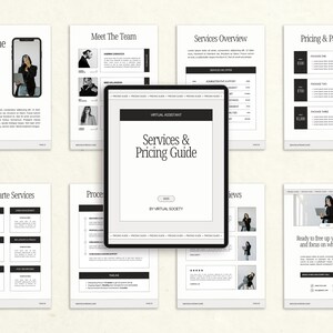 Può includere: Una guida ai servizi di assistente virtuale e marketing digitale. L'immagine mostra un tablet che mostra il titolo "Services & Pricing Guide", circondato da pagine stampate con titoli come "Welcome", "Meet The Team" e "Pricing & Packages".