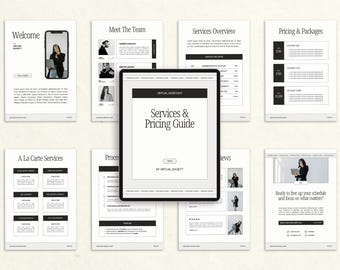 Könnte beinhalten: Ein Leitfaden für virtuelle Assistenz- und digitales Marketing. Das Bild zeigt ein Tablet mit dem Titel "Services & Pricing Guide", umgeben von gedruckten Seiten mit Überschriften wie "Welcome", "Meet The Team" und "Pricing & Packages".