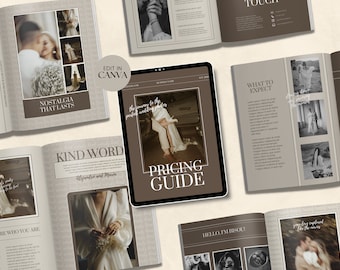May include: A digital tablet mockup with a brown background and the text "PRICING GUIDE" in white. The tablet is open to a page with a photo of a couple in a wedding dress and suit.