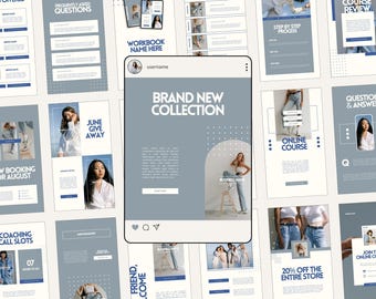 May include: A collection of social media graphics for an online store. The graphics feature a blue and white color scheme with a variety of text and images. The text includes "Brand New Collection", "June Give Away", "Online Course", "Step by Step Process", "Coaching Call Slots", "20% Off the Entire Store", "Question & Answer", and "Workbook Name Here". The images include a woman in a blue denim outfit, a woman in a white shirt, and a woman in a white shirt and blue jeans.