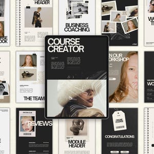 Può includere: Una raccolta di modelli di quaderni di lavoro e materiali promozionali per un creatore di corsi. Il design presenta uno schema di colori in bianco e nero con immagini di persone e prodotti. Il testo include "Course Creator", "Workbook" e "Business Coaching".