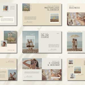 May include: A slide deck for an online course with a beach theme. The slides feature images of people on the beach, text about the course, and the title "Welcome to our Online Course".