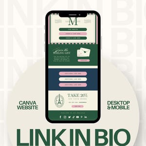 以下が含まれることがあります： スマートフォン画面には、緑、ピンク、ネイビーブルーの配色で「Link in Bio」テンプレートが表示されています。デザインには、リンク、メーリングリスト登録、割引オファーのセクションが含まれています。「Canva Website」と「Desktop & Mobile」の文字も表示されています。