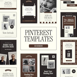 Puede incluir: Colección de plantillas de Pinterest en una paleta de colores neutros. El diseño central presenta el texto "Pinterest Templates" con "100 Designs" debajo. Varios diseños incluyen espacio para títulos, imágenes y texto, ideales para blogs y marketing.