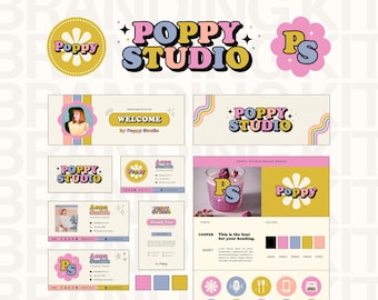 Plantilla de kit de marca de Canva, marca retro colorida, logotipo editable, tarjeta de presentación, firma de correo electrónico, tarjeta de agradecimiento, portada de YouTube para Facebook