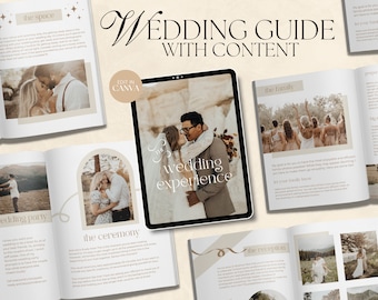 Guida per il cliente CANVA Boho Wedding Photography con contenuti, guida di benvenuto pre-scritta, modello di rivista di matrimonio modificabile con testo