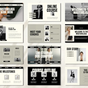 Puede incluir: Una presentaci&oacute;n de diapositivas en blanco y negro con el t&iacute;tulo "Masterclass Slide Deck". Las diapositivas incluyen im&aacute;genes de personas, texto y gr&aacute;ficos. Las diapositivas est&aacute;n dise&ntilde;adas para ser utilizadas en un curso en l&iacute;nea.