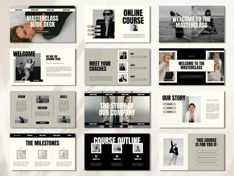 Puede incluir: Una presentaci&oacute;n de diapositivas en blanco y negro con el t&iacute;tulo "Masterclass Slide Deck". Las diapositivas incluyen im&aacute;genes de personas, texto y gr&aacute;ficos. Las diapositivas est&aacute;n dise&ntilde;adas para ser utilizadas en un curso en l&iacute;nea.