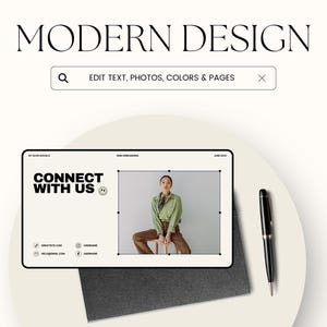 May include: A digital design layout with the text "MODERN DESIGN" at the top. The layout includes a tablet with the words "CONNECT WITH US" and a photo of a person. A black pen rests on a dark gray surface.