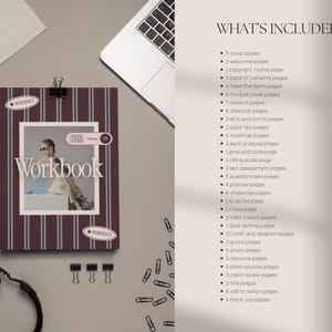 Może przedstawiać: Bordowo-biały zeszyt ćwiczeń w paski ze zdjęciem osoby w centrum, zawierający tekst 'Workbook' oraz 'Online Course'. Lista zatytułowana 'WHAT'S INCLUDED' wyszczeg&oacute;lnia r&oacute;żne rodzaje stron, takie jak strony tytułowe i powitalne.