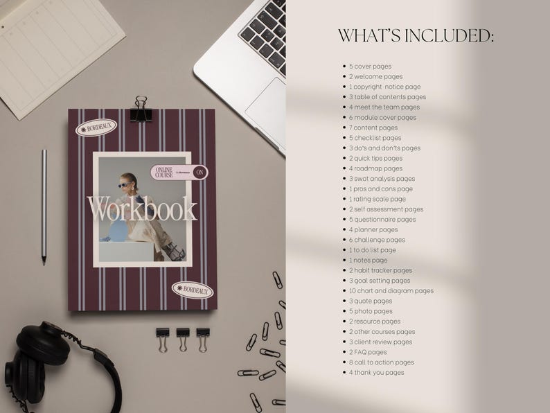 Może przedstawiać: Bordowo-biały zeszyt ćwiczeń w paski ze zdjęciem osoby w centrum, zawierający tekst 'Workbook' oraz 'Online Course'. Lista zatytułowana 'WHAT'S INCLUDED' wyszczeg&oacute;lnia r&oacute;żne rodzaje stron, takie jak strony tytułowe i powitalne.
