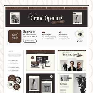 Puede incluir: Una captura de pantalla de un sitio web que muestra una tienda de Etsy con un esquema de color marrón y blanco. El nombre de la tienda es "Shop Name" y el texto "Grand Opening" se muestra en una pancarta en la parte superior de la página. La tienda tiene una calificación de 5 estrellas y ofrece plantillas de pancartas fáciles de usar. La tienda también tiene una sección para artículos, con categorías para diferentes tipos de productos. El sitio web también incluye una sección para reseñas de clientes y una sección para productos similares.
