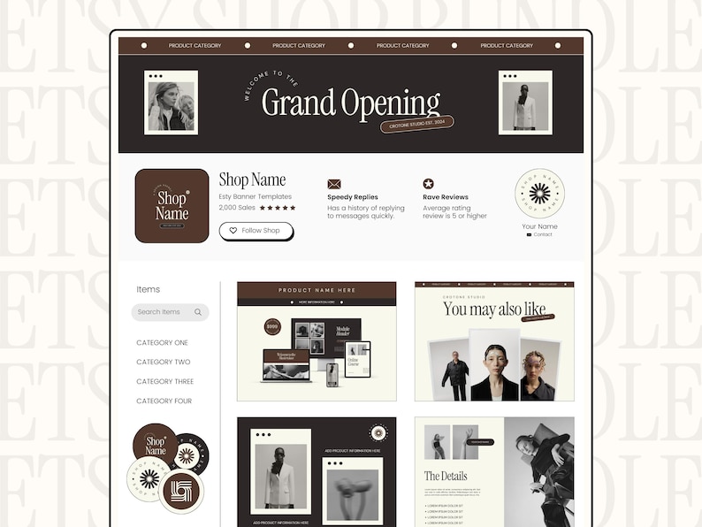 K&ouml;nnte beinhalten: Ein Screenshot einer Website, der einen Etsy-Shop mit einem braunen und wei&szlig;en Farbschema zeigt. Der Shop-Name lautet "Shop Name" und der Text "Grand Opening" wird in einem Banner oben auf der Seite angezeigt. Der Shop hat eine 5-Sterne-Bewertung und bietet einfache Banner-Vorlagen an. Der Shop hat auch einen Bereich f&uuml;r Artikel mit Kategorien f&uuml;r verschiedene Arten von Produkten. Die Website enth&auml;lt auch einen Bereich f&uuml;r Kundenbewertungen und einen Bereich f&uuml;r &auml;hnliche Produkte.