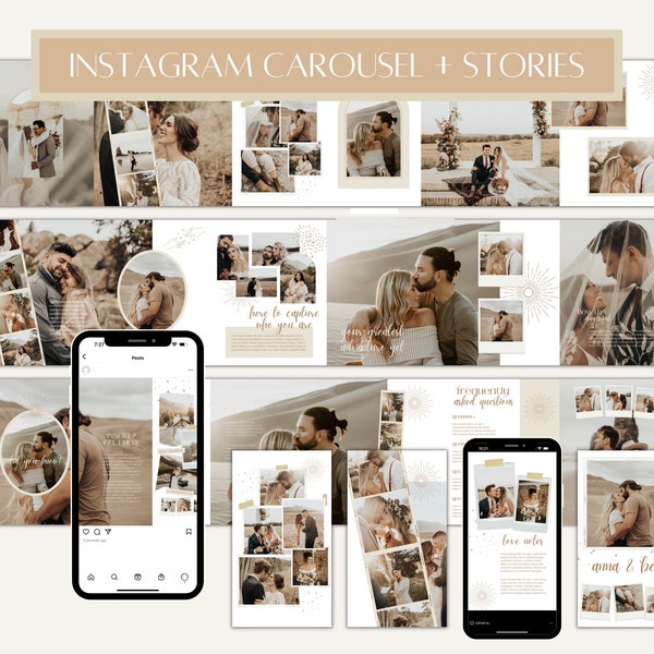 CANVA Boho Instagram Bundle Pack for Photographers, IG Post Carousel & Stories, Engagement Booster, Seamless Marketing Slides, Social Media