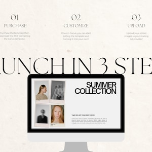 May include: A computer monitor displays a "Summer Collection" graphic with the text "Launch in 3 Steps." The screen shows images and the steps: Purchase, Customize, and Upload. The background is a light beige color.