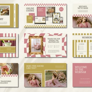 May include: A pink and gold presentation with a checkered pattern. The text "Our Story" is at the top of the first slide. The text "Online Course" is at the top of the second slide. The text "Welcome to the Webinar" is at the top of the third slide. The text "Mistakes We've Made" is at the top of the fourth slide. The text "Lessons Learned" is at the top of the fifth slide. The text "Membership Options" is at the top of the sixth slide. The text "Does This Sound Like You?" is at the top of the seventh slide. The text "Welcome to the Webinar" is at the top of the eighth slide. The text "Thank You for Joining the Masterclass" is at the top of the ninth slide.