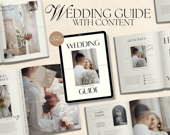 Guía del cliente de fotografía de bodas moderna de CANVA con contenido, guía de bienvenida preescrita, plantilla de revista Elopement editable con copia