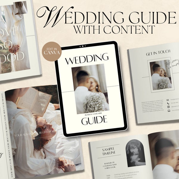 Guide client CANVA pour la photographie de mariage moderne avec contenu, guide de bienvenue pré-rédigé, modèle de magazine Elopement modifiable avec copie