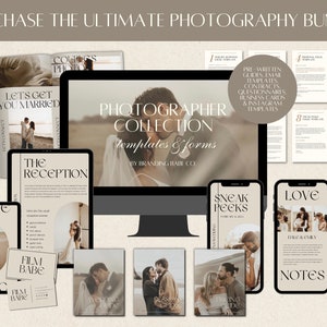Pu&ograve; includere: Un pacchetto di prodotti digitali per fotografi, che include modelli e moduli per la fotografia di matrimonio. Il pacchetto include guide pre-scritte, modelli di e-mail, contratti, questionari, biglietti da visita e modelli Instagram. L'immagine mostra uno schermo di computer che mostra il titolo del prodotto, "Photographer Collection: Templates & Forms by Branding Babe Co.", insieme a diversi mockup dei modelli, tra cui "Let's Get You Married", "The Reception", "Sneak Peeks", "Love" e "Services Offered".