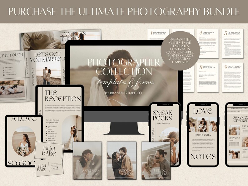 Pu&ograve; includere: Un pacchetto di prodotti digitali per fotografi, che include modelli e moduli per la fotografia di matrimonio. Il pacchetto include guide pre-scritte, modelli di e-mail, contratti, questionari, biglietti da visita e modelli Instagram. L'immagine mostra uno schermo di computer che mostra il titolo del prodotto, "Photographer Collection: Templates & Forms by Branding Babe Co.", insieme a diversi mockup dei modelli, tra cui "Let's Get You Married", "The Reception", "Sneak Peeks", "Love" e "Services Offered".