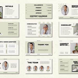 May include: A collection of digital presentation slides with a neutral color palette. The slides cover topics like details, content calendar, billing terms, communication, checklist, frequently asked questions, thank you, connect with us, the team, and how we work.