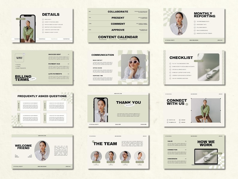 May include: A collection of digital presentation slides with a neutral color palette. The slides cover topics like details, content calendar, billing terms, communication, checklist, frequently asked questions, thank you, connect with us, the team, and how we work.