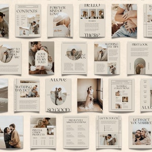 Pu&ograve; includere: Un opuscolo di fotografia di matrimonio con un design minimalista che presenta una coppia in varie pose. Il opuscolo include informazioni sui dettagli del giorno del matrimonio, sessioni di fidanzamento, stampe e altri prodotti, e domande frequenti. Il opuscolo include anche una guida ai prezzi e una sezione di contatto.