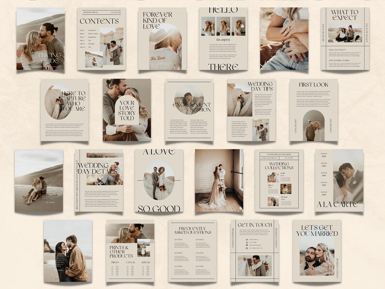 Pu&ograve; includere: Un opuscolo di fotografia di matrimonio con un design minimalista che presenta una coppia in varie pose. Il opuscolo include informazioni sui dettagli del giorno del matrimonio, sessioni di fidanzamento, stampe e altri prodotti, e domande frequenti. Il opuscolo include anche una guida ai prezzi e una sezione di contatto.