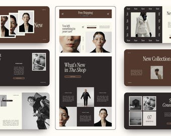 Könnte beinhalten: Ein digitales Display mit einem Website-Layout im minimalistischen Design. Die Farbpalette umfasst Brauntöne, Schwarz und Weiß. Die Website zeigt Bilder von Personen, Produktansichten und den Text "New Collection" und "What's New in The Shop".