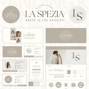 Puede incluir: Un kit de marca para "LA SPEZIA" con sede en Los Ángeles, que incluye un logotipo, tarjetas de visita y maquetas de sitios web. El diseño utiliza una paleta de colores neutros con el texto "LA SPEZIA" y "LS" en una fuente serif.