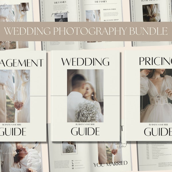 Ensemble de guides de photographe CANVA, guide de bienvenue de la photographie de mariage moderne avec contenu, guide de style de session d'engagement client, guide de tarification