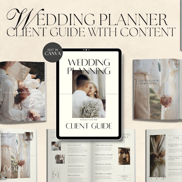 Guide de tarification client CANVA Modern Wedding Planner avec contenu, guide de bienvenue pré-rédigé pour les organisateurs de mariage et les coordinateurs, modèle de livre