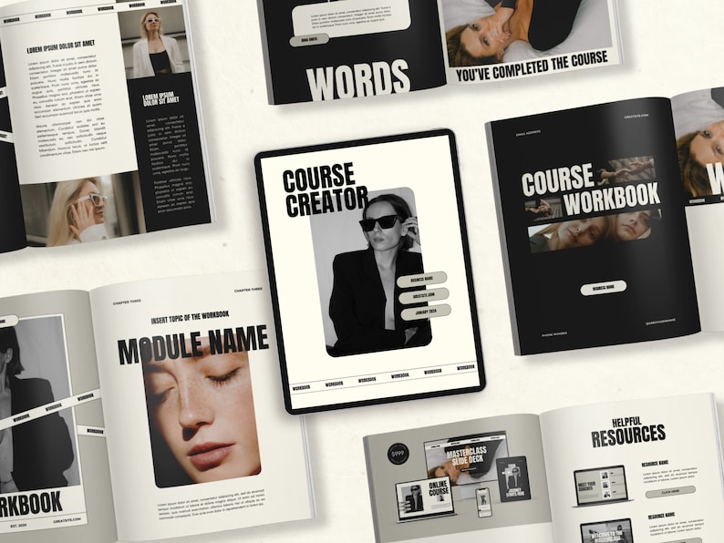 May include: A black and white image of a course creator workbook with the text "Course Creator" and "Course Workbook" on the covers. The workbook is open to a page with the text "Module Name" and a black and white photo of a woman's face. The workbook is on a white surface.