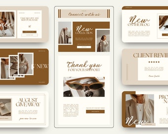 May include: A collection of social media templates for a fashion brand. The templates feature a brown and white color scheme with images of clothing and accessories. The text on the templates includes "New Collection", "Thank you for your support", "Client Review", "August Giveaway", and "New on the Blog".
