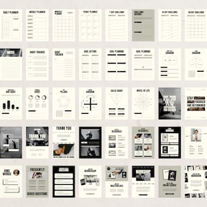 May include: A set of printable black and white planner pages with various layouts for goal setting, habit tracking, and daily, weekly, and monthly planning. The pages include sections for notes, to-do lists, and challenges.