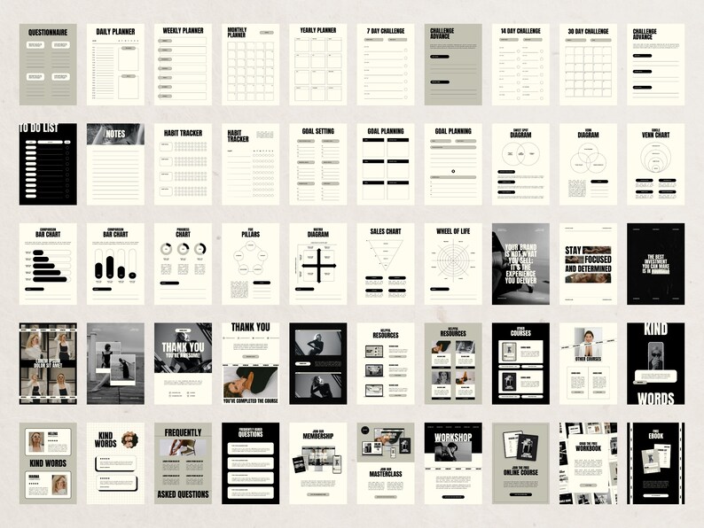 May include: A set of printable black and white planner pages with various layouts for goal setting, habit tracking, and daily, weekly, and monthly planning. The pages include sections for notes, to-do lists, and challenges.