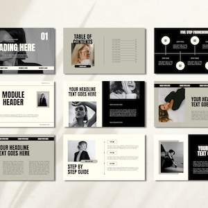 Puede incluir: Una plantilla de presentaci&oacute;n con un esquema de color blanco y negro. La plantilla presenta un marco de cinco pasos, una tabla de contenido y una gu&iacute;a paso a paso. La plantilla tambi&eacute;n incluye varias im&aacute;genes de personas.