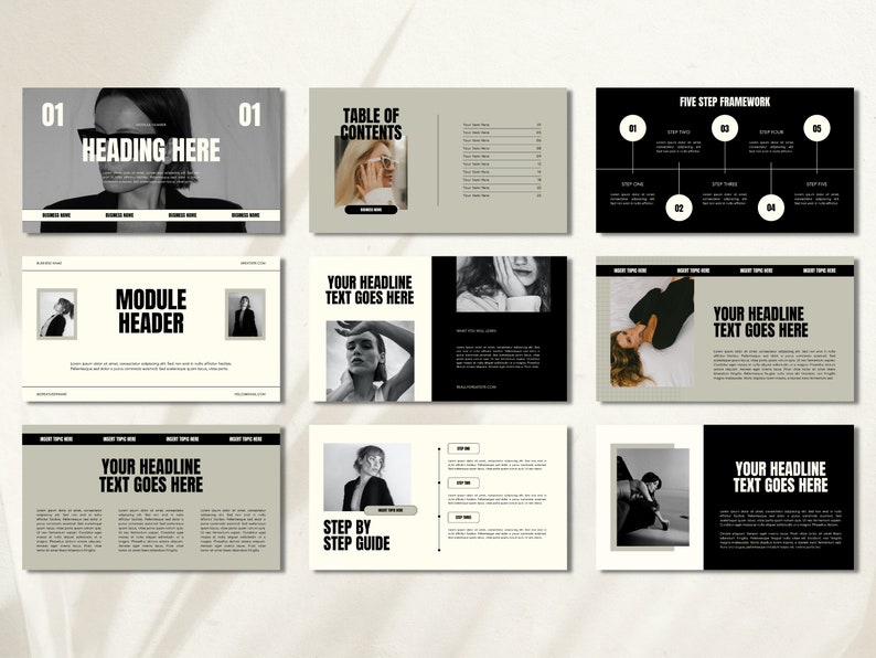 Puede incluir: Una plantilla de presentaci&oacute;n con un esquema de color blanco y negro. La plantilla presenta un marco de cinco pasos, una tabla de contenido y una gu&iacute;a paso a paso. La plantilla tambi&eacute;n incluye varias im&aacute;genes de personas.