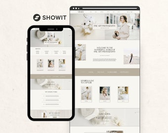 May include: A website screenshot showing a mobile phone displaying a website for fine art photography. The website features a light beige background with a white text header that reads "Fine Art Photography". The website also features a section titled "Stories I Love to Capture" with three images of a woman in a white dress.