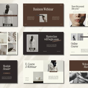 May include: A presentation slide deck with a brown and white color scheme. The text on the slides includes "Business Webinar", "Masterclass will begin soon", "Online Course", "Module Header", "E-Course & Webinar", and "Welcome to the Masterclass".