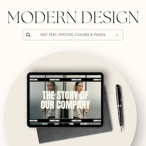 Puede incluir: Una tableta mostrando un sitio web con el texto "THE STORY OF OUR COMPANY" sobre un fondo blanco. La tableta est&aacute; sobre una superficie blanca con un bol&iacute;grafo negro.