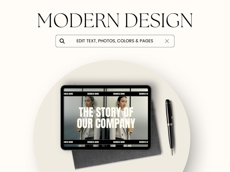 Puede incluir: Una tableta mostrando un sitio web con el texto "THE STORY OF OUR COMPANY" sobre un fondo blanco. La tableta est&aacute; sobre una superficie blanca con un bol&iacute;grafo negro.