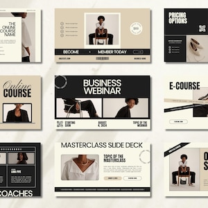 May include: A slide deck for an online business course or webinar. The slides feature a black and white color scheme with a modern design. The slides include text such as "Online Course", "Business Webinar", "Masterclass Slide Deck", "E-Course", and "Our Story".